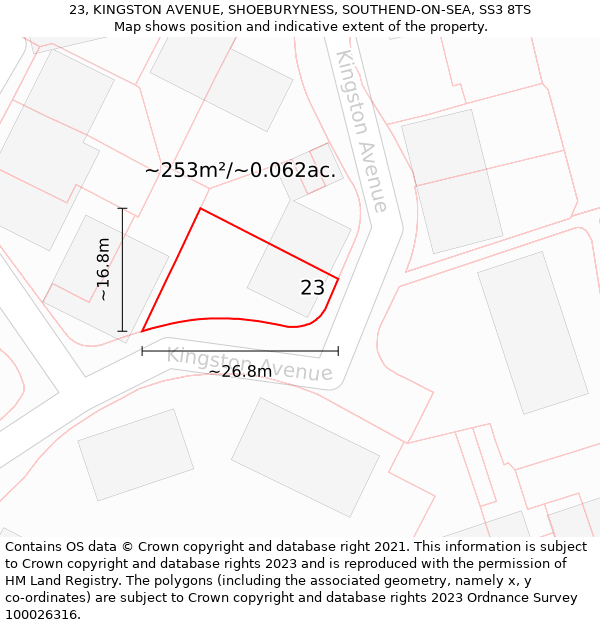 23, KINGSTON AVENUE, SHOEBURYNESS, SOUTHEND-ON-SEA, SS3 8TS: Plot and title map