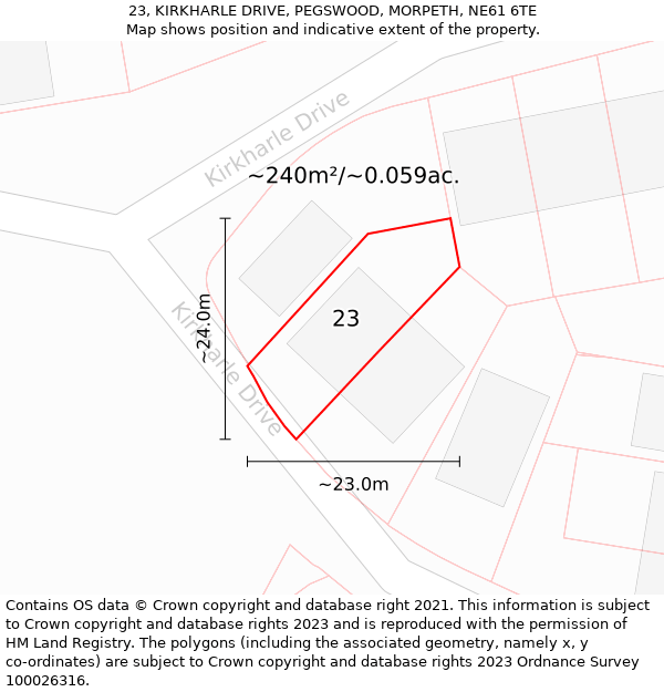 23, KIRKHARLE DRIVE, PEGSWOOD, MORPETH, NE61 6TE: Plot and title map