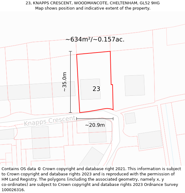 23, KNAPPS CRESCENT, WOODMANCOTE, CHELTENHAM, GL52 9HG: Plot and title map