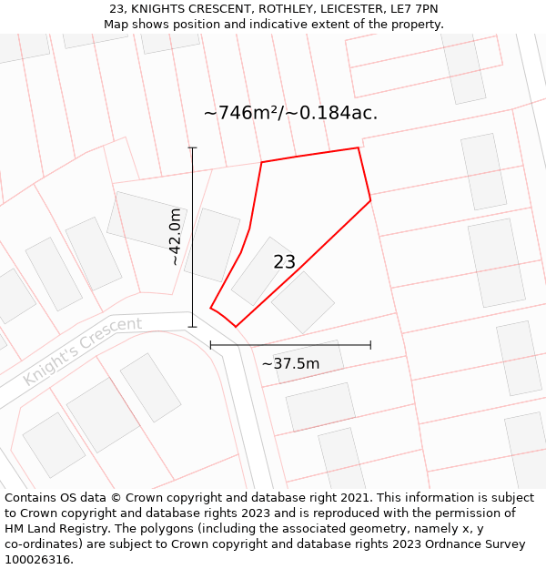 23, KNIGHTS CRESCENT, ROTHLEY, LEICESTER, LE7 7PN: Plot and title map