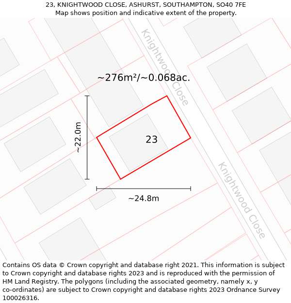 23, KNIGHTWOOD CLOSE, ASHURST, SOUTHAMPTON, SO40 7FE: Plot and title map