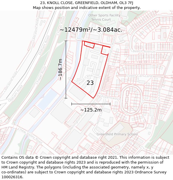 23, KNOLL CLOSE, GREENFIELD, OLDHAM, OL3 7FJ: Plot and title map