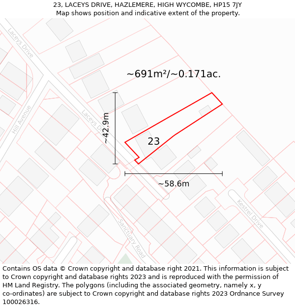 23, LACEYS DRIVE, HAZLEMERE, HIGH WYCOMBE, HP15 7JY: Plot and title map