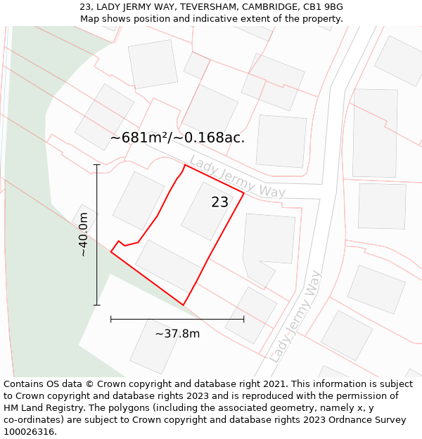 23, LADY JERMY WAY, TEVERSHAM, CAMBRIDGE, CB1 9BG: Plot and title map