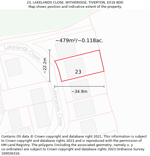 23, LAKELANDS CLOSE, WITHERIDGE, TIVERTON, EX16 8DD: Plot and title map