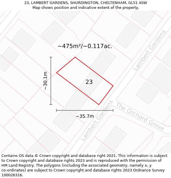 23, LAMBERT GARDENS, SHURDINGTON, CHELTENHAM, GL51 4SW: Plot and title map