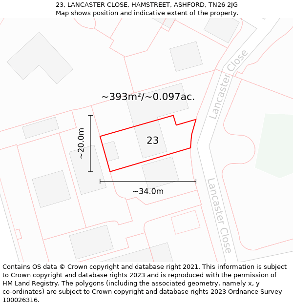 23, LANCASTER CLOSE, HAMSTREET, ASHFORD, TN26 2JG: Plot and title map