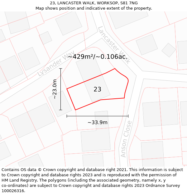 23, LANCASTER WALK, WORKSOP, S81 7NG: Plot and title map