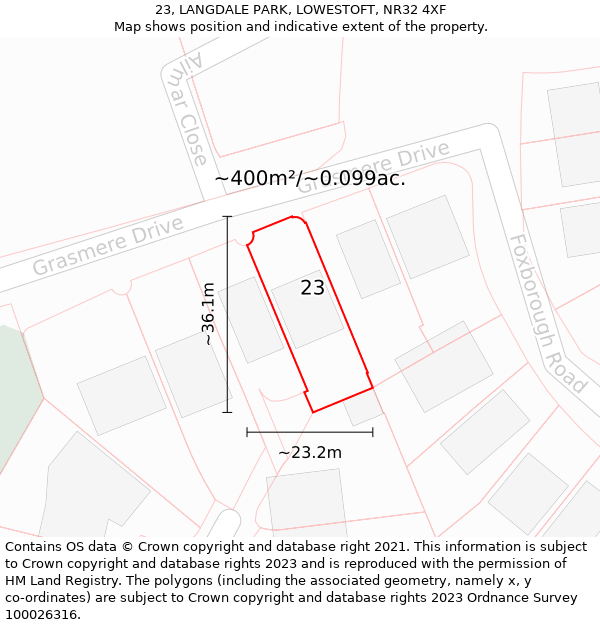 23, LANGDALE PARK, LOWESTOFT, NR32 4XF: Plot and title map