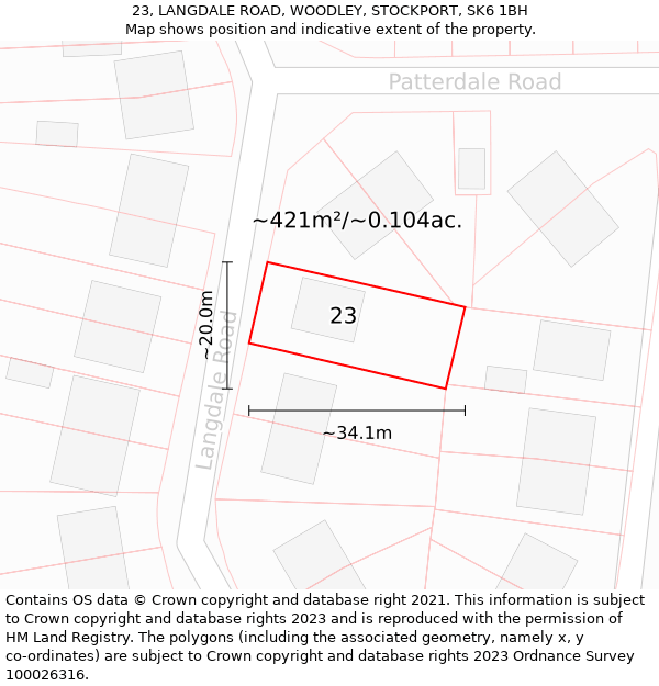 23, LANGDALE ROAD, WOODLEY, STOCKPORT, SK6 1BH: Plot and title map