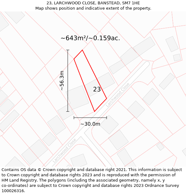 23, LARCHWOOD CLOSE, BANSTEAD, SM7 1HE: Plot and title map