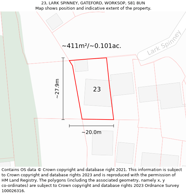 23, LARK SPINNEY, GATEFORD, WORKSOP, S81 8UN: Plot and title map