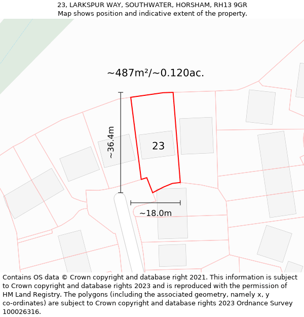 23, LARKSPUR WAY, SOUTHWATER, HORSHAM, RH13 9GR: Plot and title map