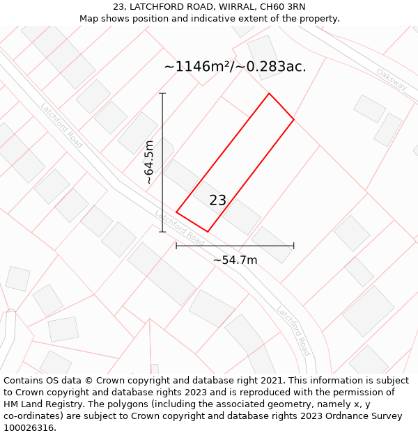 23, LATCHFORD ROAD, WIRRAL, CH60 3RN: Plot and title map