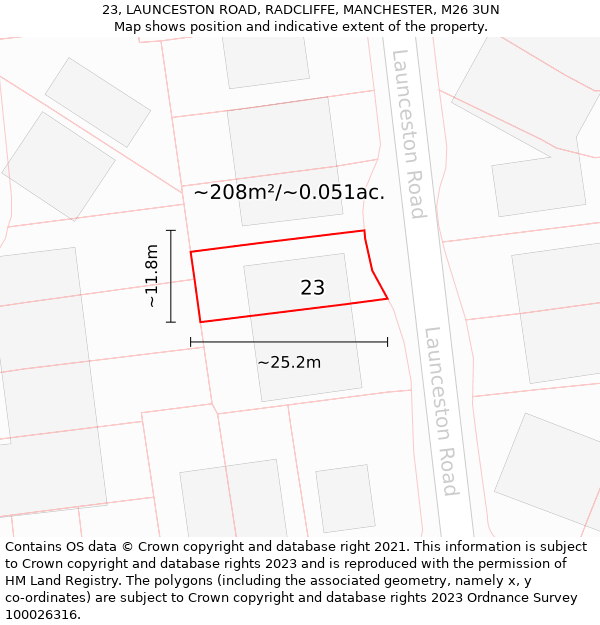 23, LAUNCESTON ROAD, RADCLIFFE, MANCHESTER, M26 3UN: Plot and title map