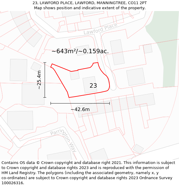 23, LAWFORD PLACE, LAWFORD, MANNINGTREE, CO11 2PT: Plot and title map