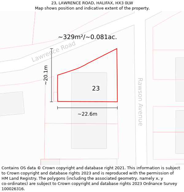 23, LAWRENCE ROAD, HALIFAX, HX3 0LW: Plot and title map