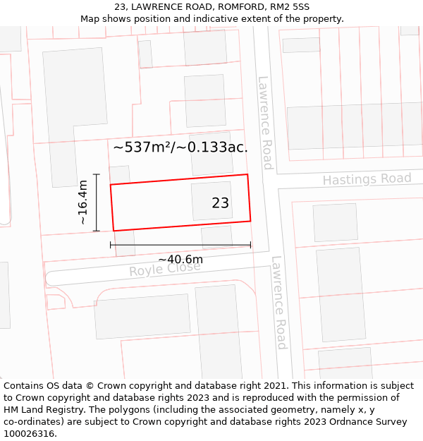 23, LAWRENCE ROAD, ROMFORD, RM2 5SS: Plot and title map