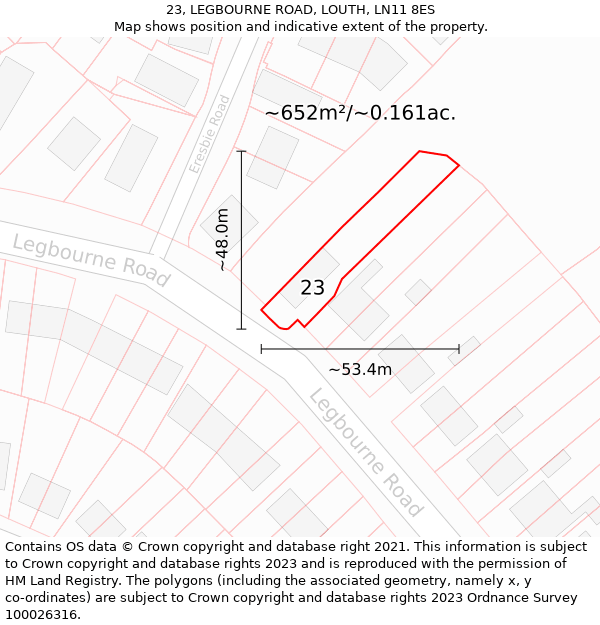 23, LEGBOURNE ROAD, LOUTH, LN11 8ES: Plot and title map