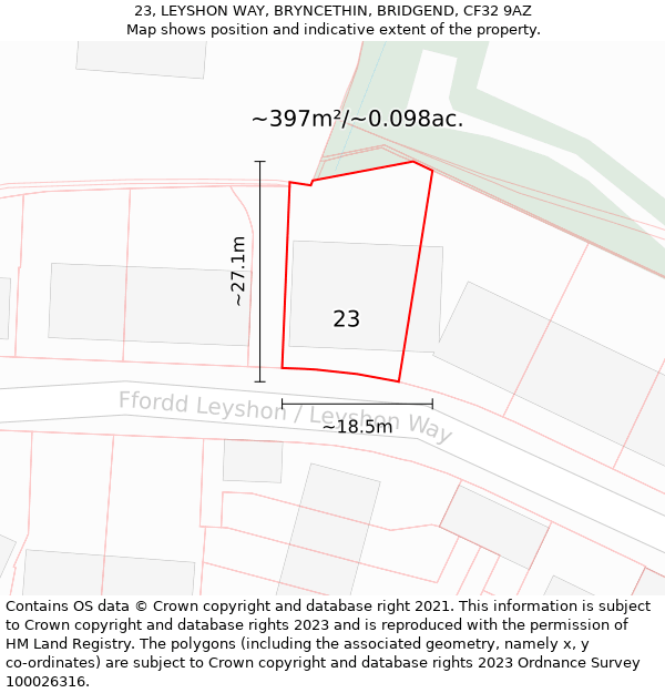 23, LEYSHON WAY, BRYNCETHIN, BRIDGEND, CF32 9AZ: Plot and title map