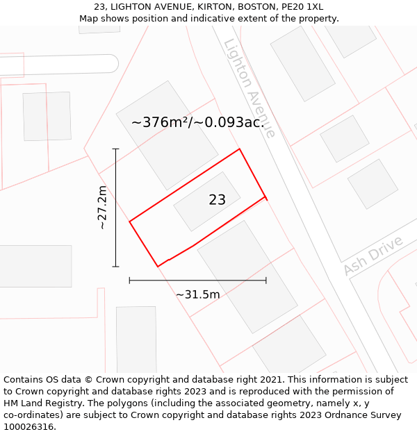 23, LIGHTON AVENUE, KIRTON, BOSTON, PE20 1XL: Plot and title map