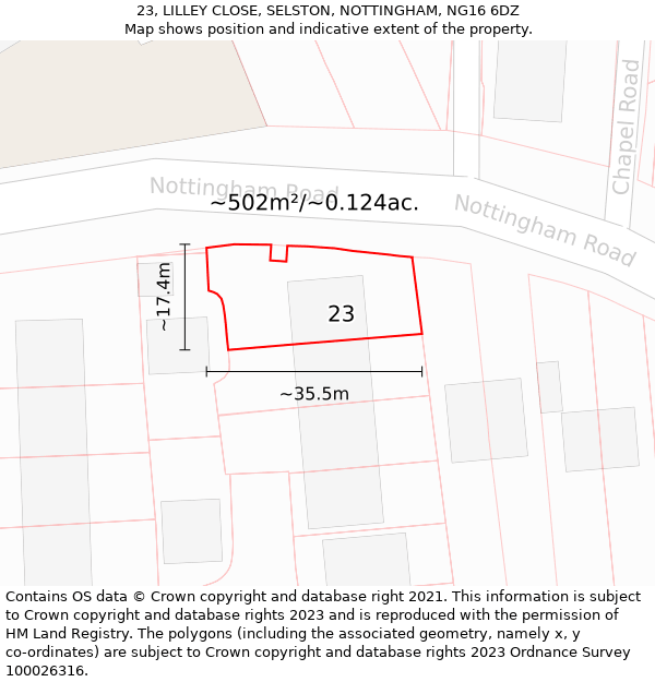 23, LILLEY CLOSE, SELSTON, NOTTINGHAM, NG16 6DZ: Plot and title map