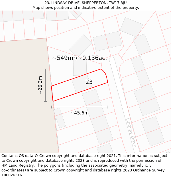 23, LINDSAY DRIVE, SHEPPERTON, TW17 8JU: Plot and title map