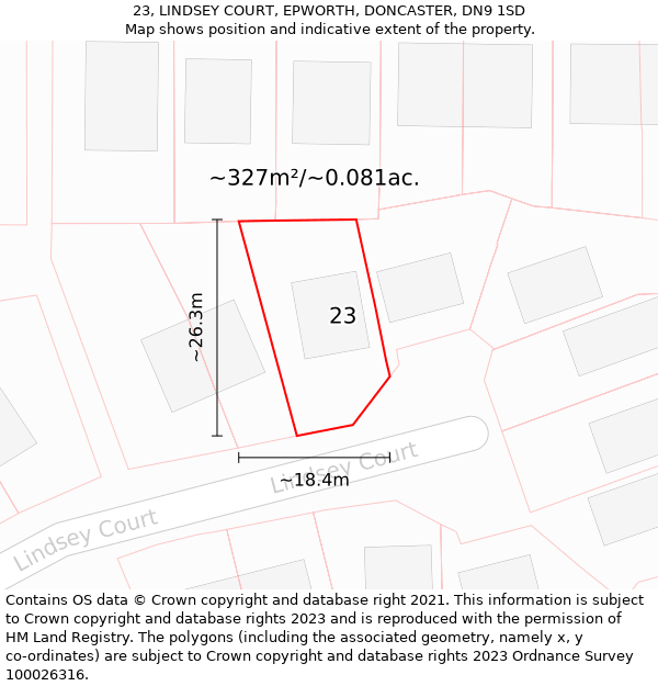 23, LINDSEY COURT, EPWORTH, DONCASTER, DN9 1SD: Plot and title map