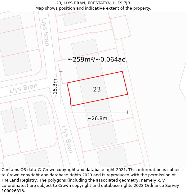 23, LLYS BRAN, PRESTATYN, LL19 7JB: Plot and title map