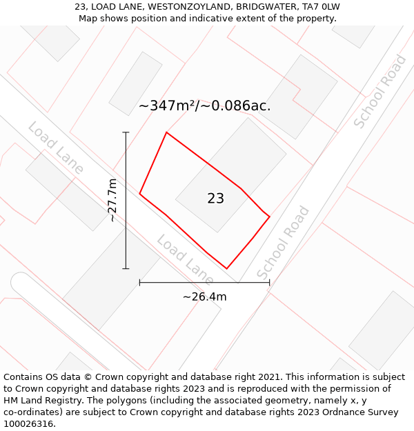 23, LOAD LANE, WESTONZOYLAND, BRIDGWATER, TA7 0LW: Plot and title map