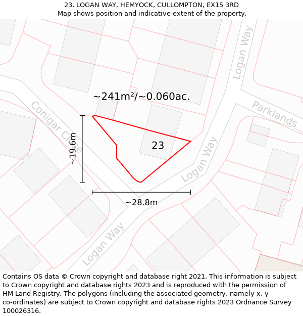 23, LOGAN WAY, HEMYOCK, CULLOMPTON, EX15 3RD: Plot and title map