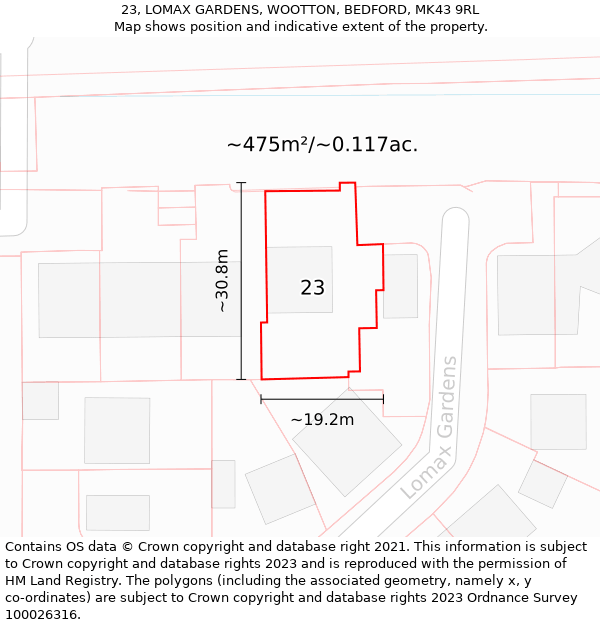 23, LOMAX GARDENS, WOOTTON, BEDFORD, MK43 9RL: Plot and title map