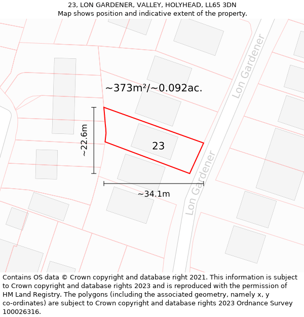 23, LON GARDENER, VALLEY, HOLYHEAD, LL65 3DN: Plot and title map