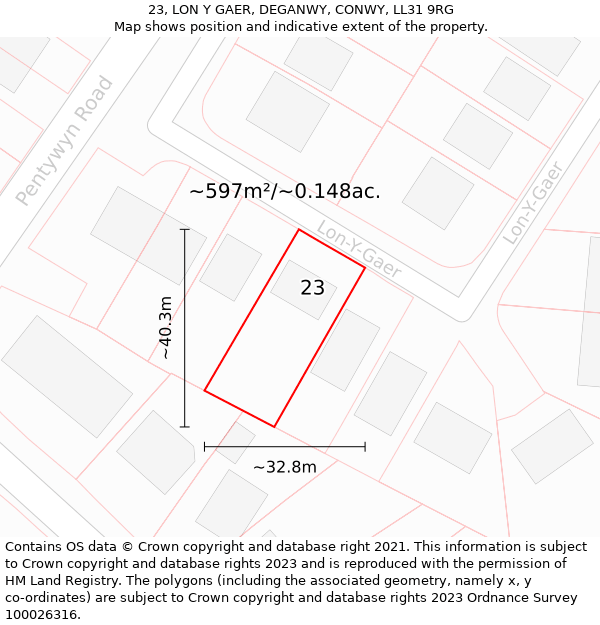 23, LON Y GAER, DEGANWY, CONWY, LL31 9RG: Plot and title map