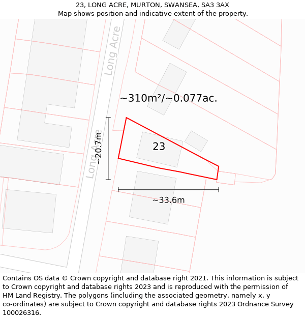 23, LONG ACRE, MURTON, SWANSEA, SA3 3AX: Plot and title map