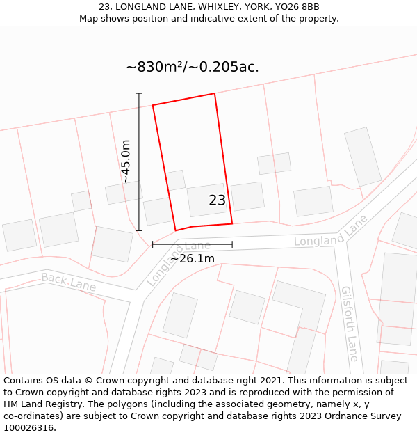 23, LONGLAND LANE, WHIXLEY, YORK, YO26 8BB: Plot and title map