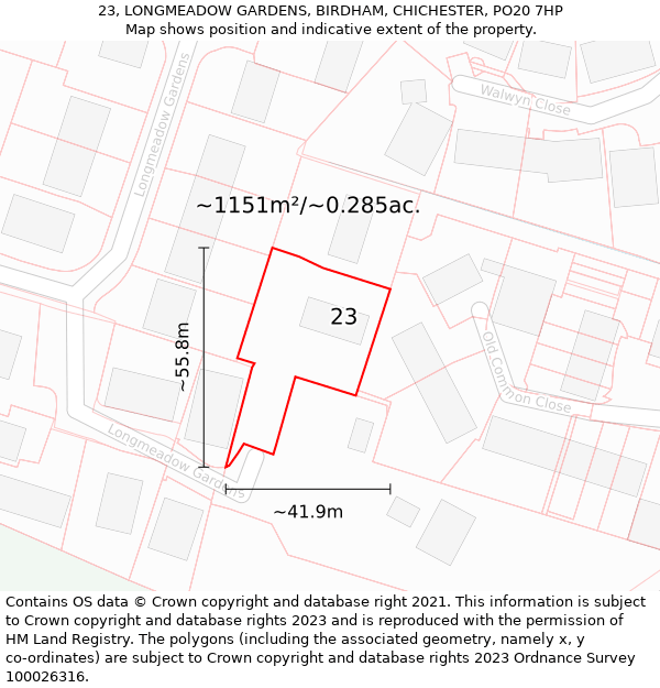 23, LONGMEADOW GARDENS, BIRDHAM, CHICHESTER, PO20 7HP: Plot and title map