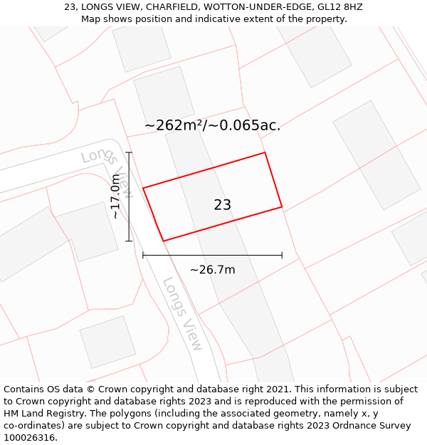 23, LONGS VIEW, CHARFIELD, WOTTON-UNDER-EDGE, GL12 8HZ: Plot and title map