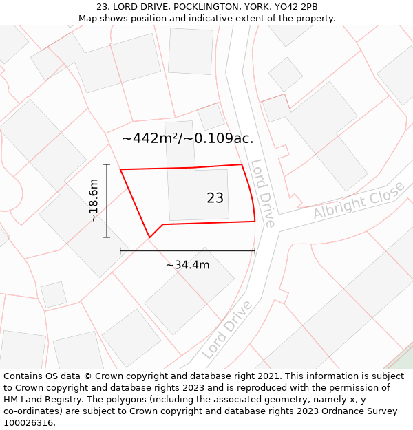 23, LORD DRIVE, POCKLINGTON, YORK, YO42 2PB: Plot and title map