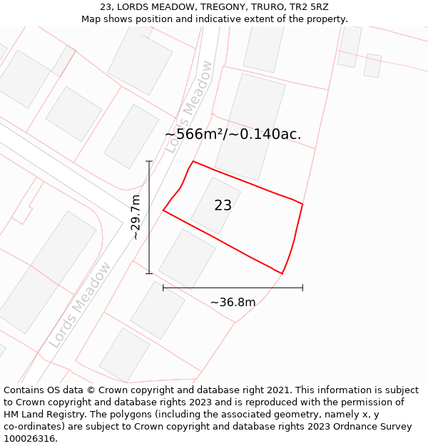 23, LORDS MEADOW, TREGONY, TRURO, TR2 5RZ: Plot and title map