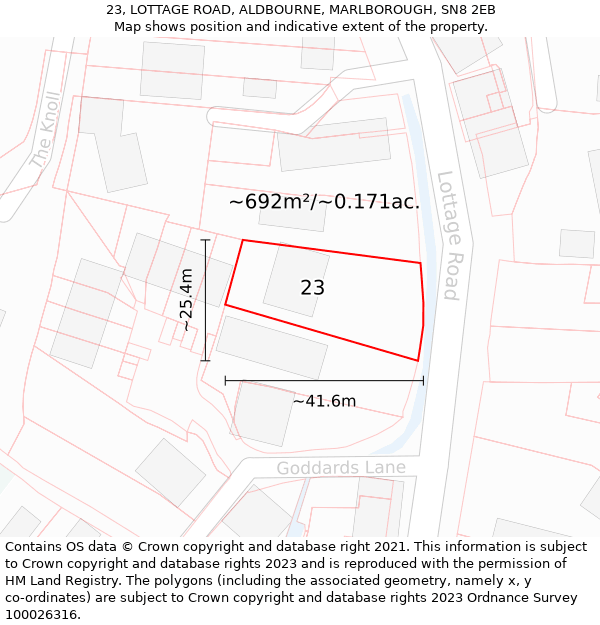 23, LOTTAGE ROAD, ALDBOURNE, MARLBOROUGH, SN8 2EB: Plot and title map