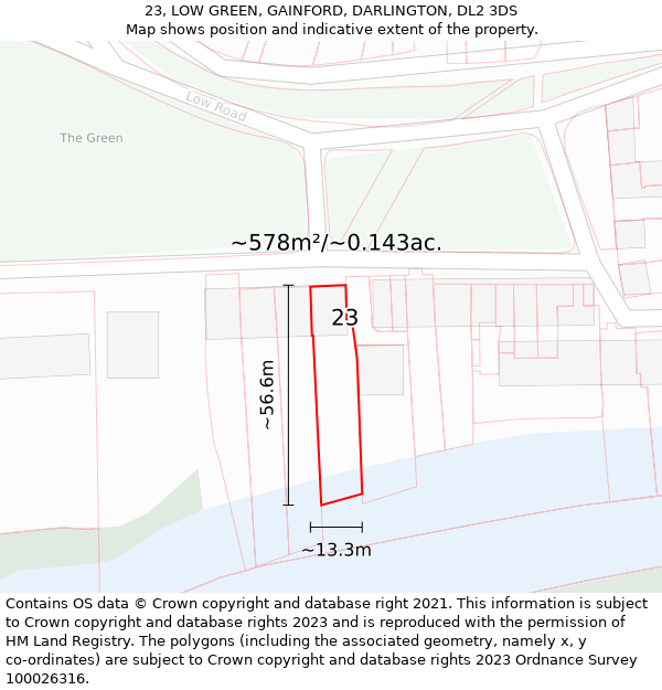 23, LOW GREEN, GAINFORD, DARLINGTON, DL2 3DS: Plot and title map