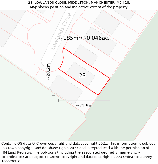 23, LOWLANDS CLOSE, MIDDLETON, MANCHESTER, M24 1JL: Plot and title map