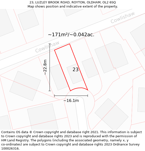 23, LUZLEY BROOK ROAD, ROYTON, OLDHAM, OL2 6SQ: Plot and title map