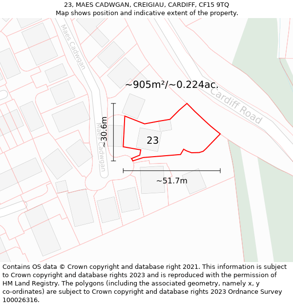 23, MAES CADWGAN, CREIGIAU, CARDIFF, CF15 9TQ: Plot and title map