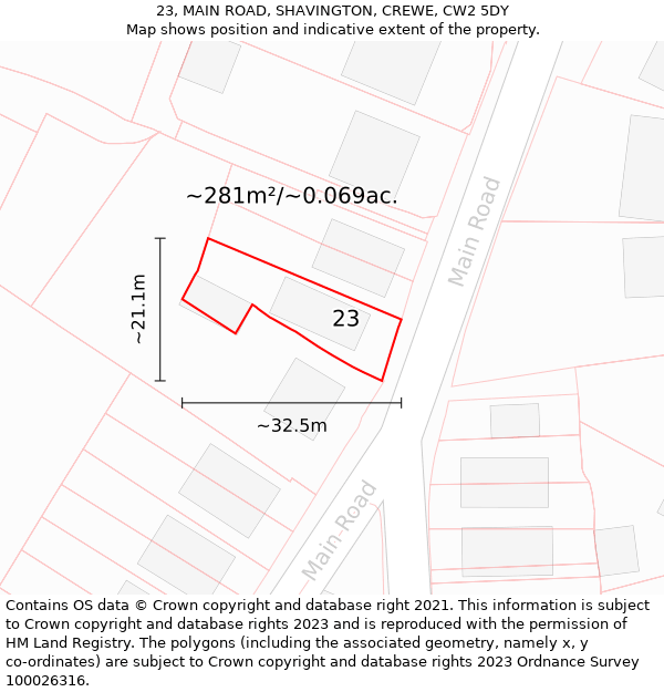 23, MAIN ROAD, SHAVINGTON, CREWE, CW2 5DY: Plot and title map