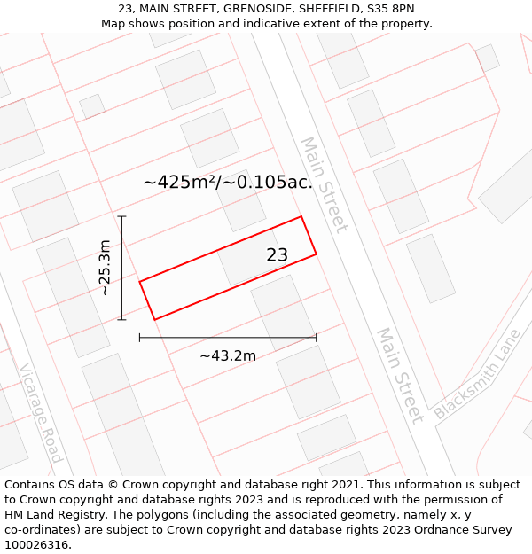 23, MAIN STREET, GRENOSIDE, SHEFFIELD, S35 8PN: Plot and title map