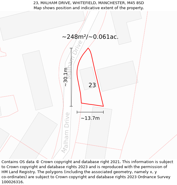 23, MALHAM DRIVE, WHITEFIELD, MANCHESTER, M45 8SD: Plot and title map