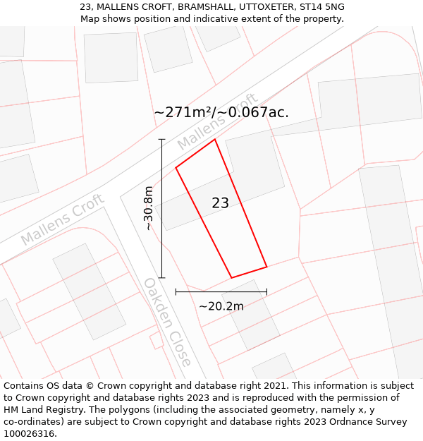 23, MALLENS CROFT, BRAMSHALL, UTTOXETER, ST14 5NG: Plot and title map