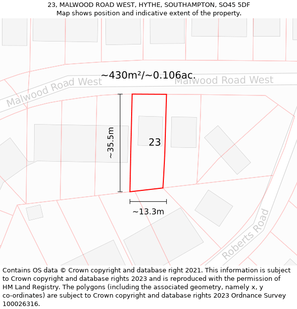 23, MALWOOD ROAD WEST, HYTHE, SOUTHAMPTON, SO45 5DF: Plot and title map